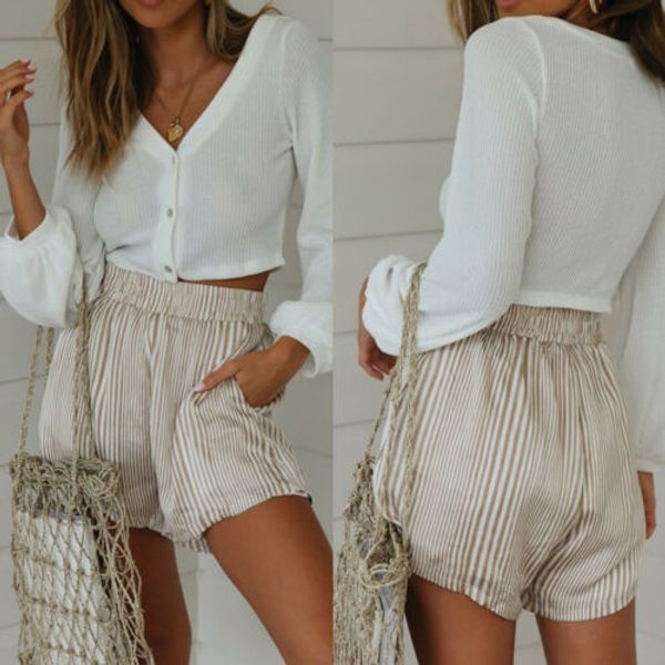

women high waist elastic waist fashion shorts ladies summer striped short trousers striped print loose beach, White;black