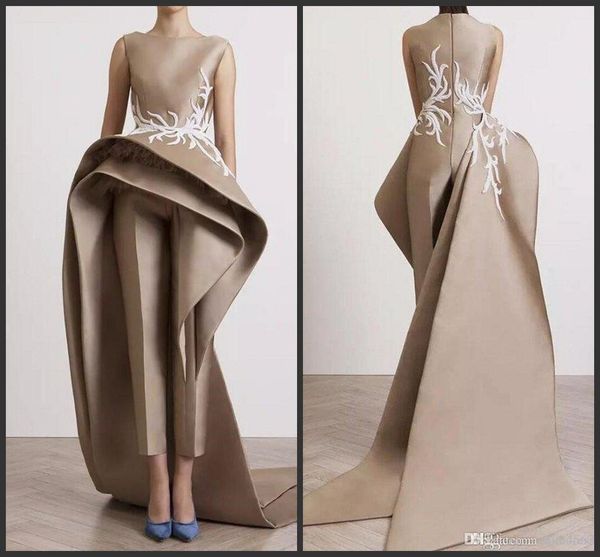 

new special champagne jumpsuits evening dresses white appliques zipper sleeveless prom dress celebrity cocktail dress with detachable train, Black;red