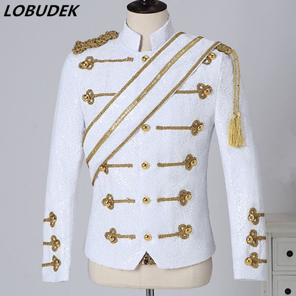 

men's vintage uniform shiny black white sequins fringe epaulet jacket stand collar court dress rock band singer costume, Black;brown