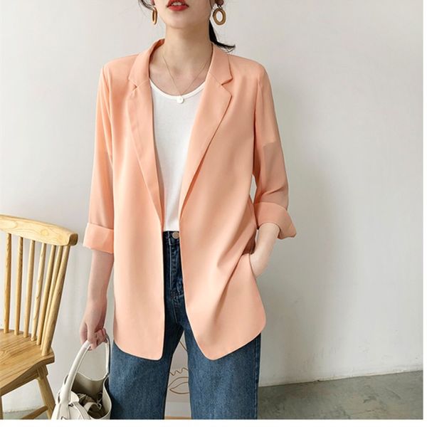 

chic summer women chiffon suit blazers thin loose work jackets office lady formal coat outerwears notched, White;black