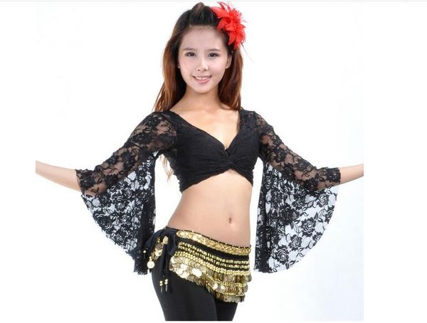 

1 piece 13 colors belly dance women deep v-neck flare sleeve girls belly dance lace, Black;red