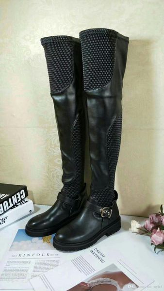 

autumn winter super long knee boots first layer cowhide women's boots skinny legs stretch boot leather non-slip women's boots high, Black