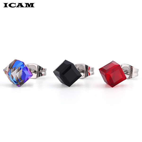 

icam square stud earrings women men cubic zirconia stainless steel jewelry red black cz stud earrings for male female trendy, Golden;silver