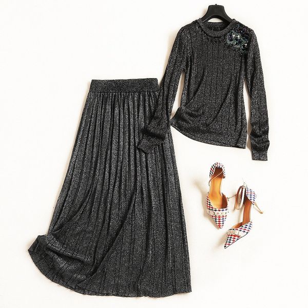 

women fashion floral beading long sleeve knit t-shirts + ankle length pleated skirt suit 2 piece set new 2018 autumn pink, Gray