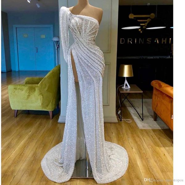 

винтаж белый одно плечо пром платья sexy backless блестками русалка вечернее платье арабский высокая сторона сплит формальное платье patry, Black