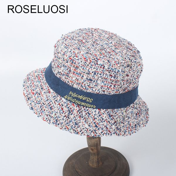 

roseluosi autumn winter tweed bucket hats for women fashion letter embroidery flat sun hat sombrero pescador, Blue;gray