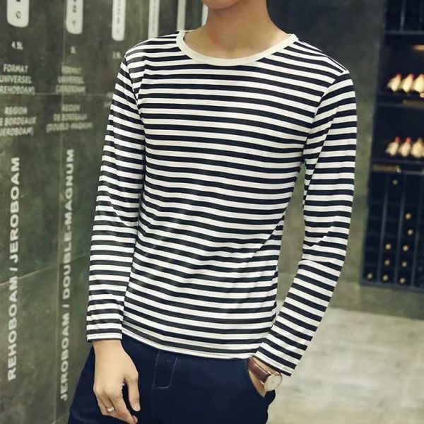 

new fashion stripe t shirt men o-neck spring autumn period long sleeve cultivate one's morality men's t-shirt sets delivery, White;black