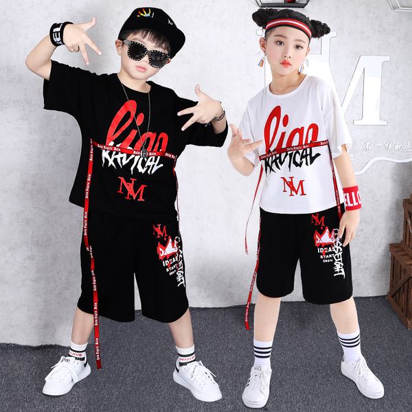 

summer new children's clothing girls boys short-sleeved t-shirt shorts sweatshirt kid's round neck hip-hop sportswear 2-piece set, White