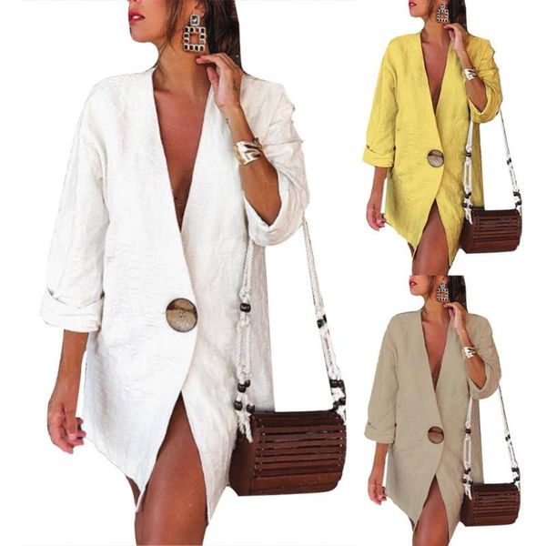 

повседневные женщины осень сплошного цвета с длинным рукавом one button хлопок белье сыпучие blazer, Black