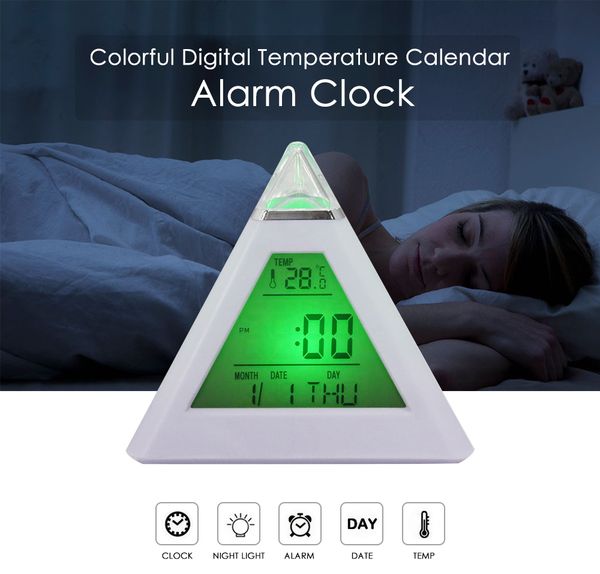 

colorful digital temperature alarm clock led changing pyramid digital lcd snooze alarm clock triangle