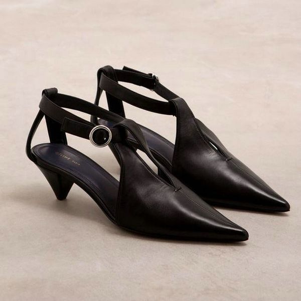 

t-shaped buckle tapered heel shoes women 2020 pointed mid heel single shoes female spring leather buckle sandals female baotou, Black