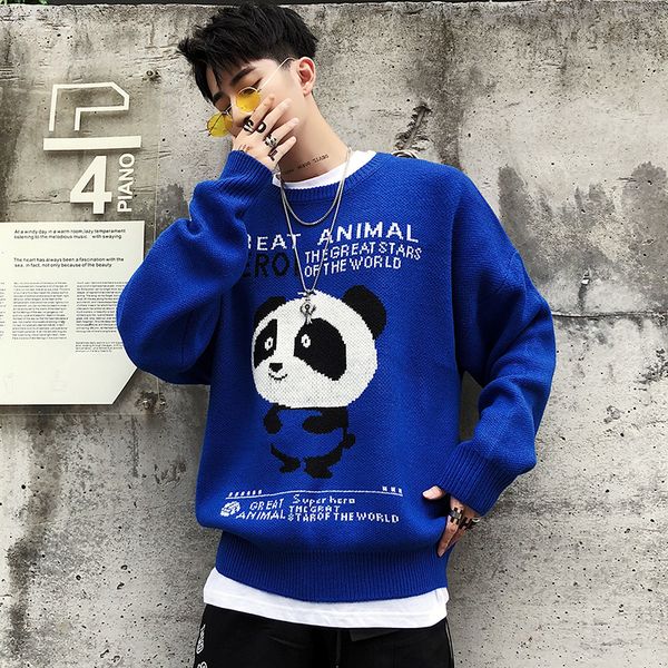 

yasuguoji new 2019 hip hop o-neck fall sweater men fashion animal print pullover men loose bat sleeve knitted sweaters, White;black