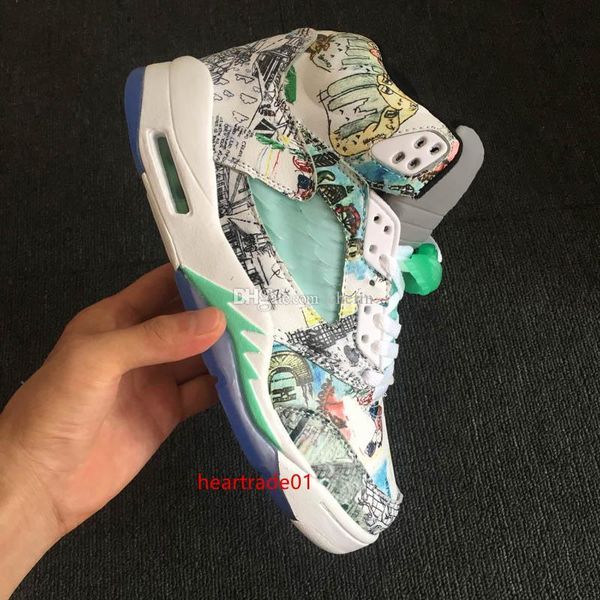 

boxwings with jumpman v 5 new white green ice blue graffiti basketball shoes for mens trainers 5s sports sneakers size 7-13