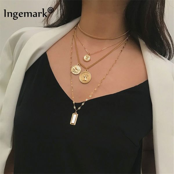 

multilayer carved coin choker necklace boho vintage alloy beads angel sun flower pendant long necklace women jewelry, Silver