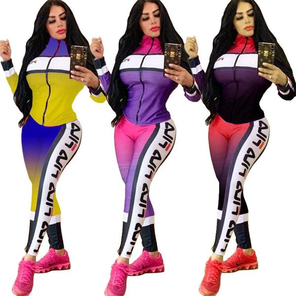 

gradient fils letter tracksuit fa print jacket women two piece set long sleeve jackets coat + pants leggings outfits suit design sweatsuit, White