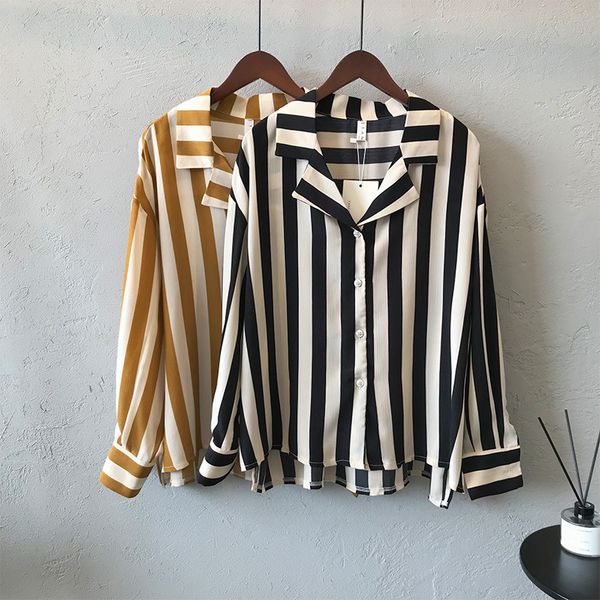 

2019 spring new vertical stripe panelled shirts women 2019 loose vogue crushed satin blouse plus size v-neck lapel shirts, White