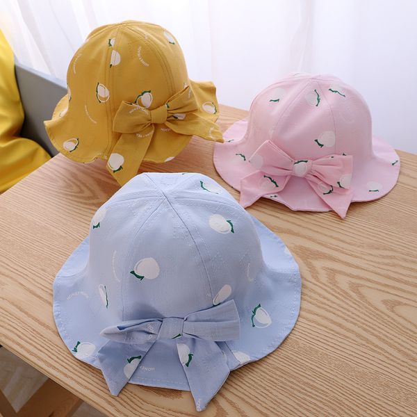 

summer habay hat bow wave brim bucket hat kids girls boys cute cartoon print sunscreen sun outdoor beach cap pink blue