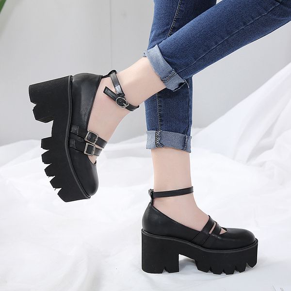 

ymechic 2019 summer gothic platform womens shoes chunk high heels pumps buckle ankle strap punk rock party creepers shoes woman, Black