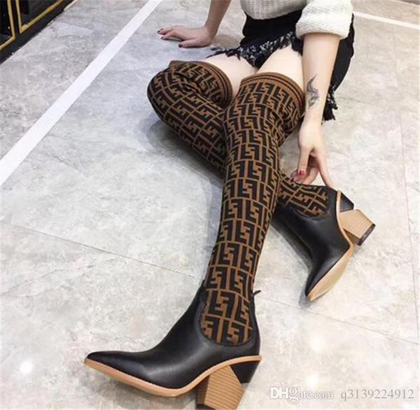 

fashion women knitting sock boots pointed chunky heel of 9.5cm f brand womens thigh over the knee boots breathable elastic boots, Black