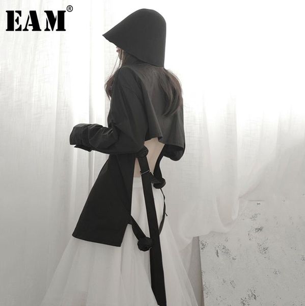 

women's blouses & shirts [eam] women white bandage back hollow out blouse lapel long sleeve loose fit shirt fashion tide spring autumn