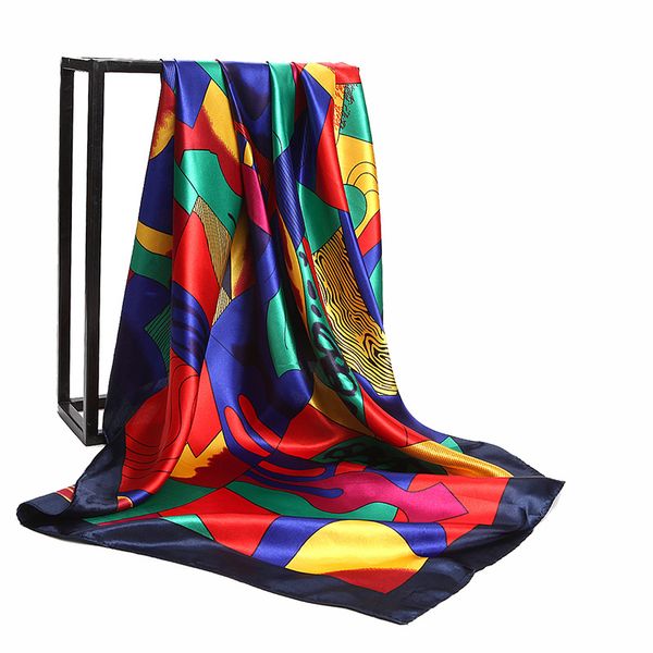 

women silk scarf elegant fower print 90*90cm large square scarves lady shawls twill silk scarf foulard satin hijab, Blue;gray