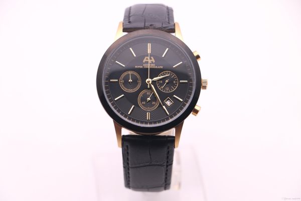 

2017, aehibo new brand, new men's watches, vk quartz chronograph running seconds movement, black leather strap, black dial, golden poin, Slivery;brown