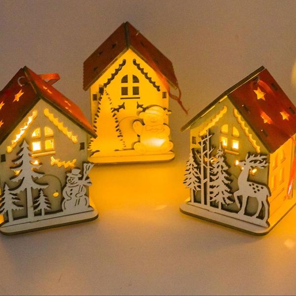 

lovely house shaped cartoon pendant wooden craft drop ornaments christmas tree window decoration with light button battery
