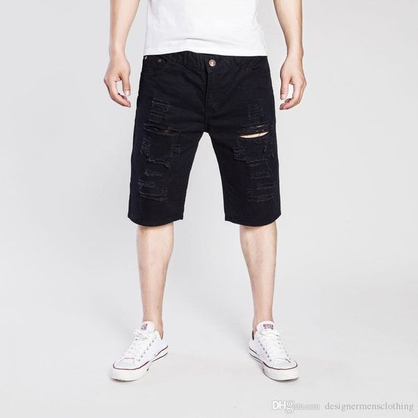 

mens ripped short jeans half knee length summer washed casual male jean shorts, White;black