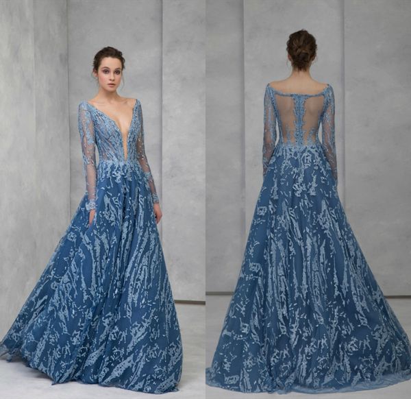 Tony Ward 2020 Abendkleider mit tiefem V-Ausschnitt, A-Linie, Applikationen, lange Ärmel, Abendkleid, Designer, Sweep-Zug, benutzerdefinierte sexy Roben de Soirée