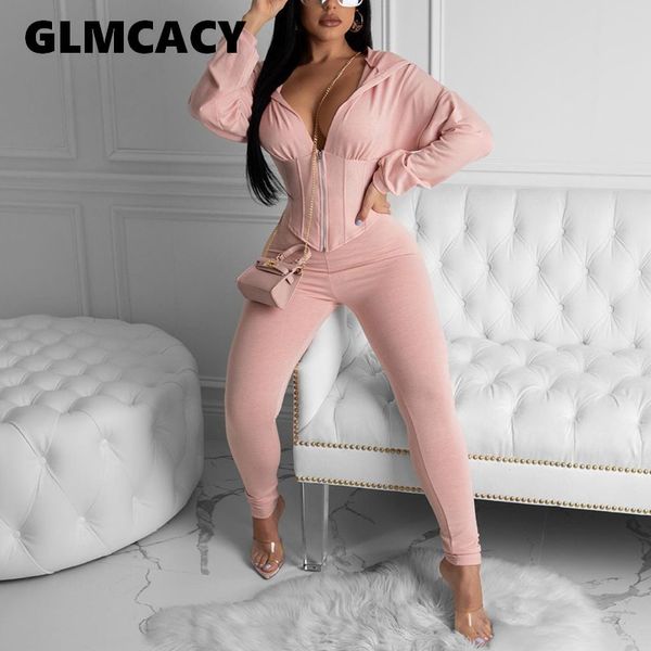

4 colors women two piece causal tracksuit zip up short hoodies and skinny long pants set solid chic suits streetwear, White
