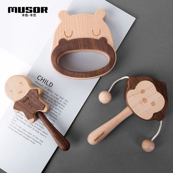 

wooden cartoon hand bell alpinia oxyphylla interest baby early childhood cartoon toys hand drum-shaped rattle