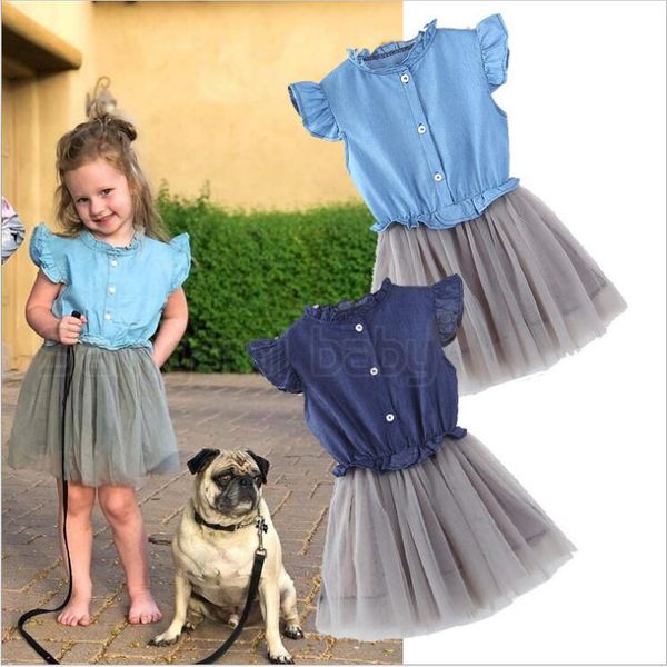 Sommer Boutique Vintage Kleid Mädchen Kleider Baby Prinzessin Denim Kleid Fly Sleeve Tüll Kleider Designer Casual Party Tanz Kleider A6402