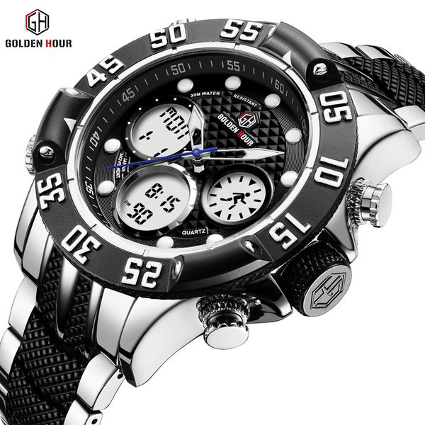 

reloj hombre goldenhour stainless backlight men watch automatic digital male clock waterproof man wrist watch relogio masculino, Slivery;brown