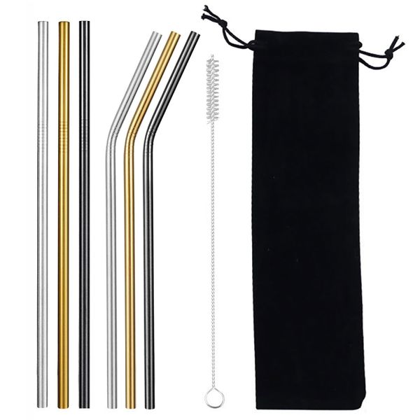 

stainless steel reusable drinking straws eco-friendly metal straw bent straight drinks straw cleaner brush bag bar accessories