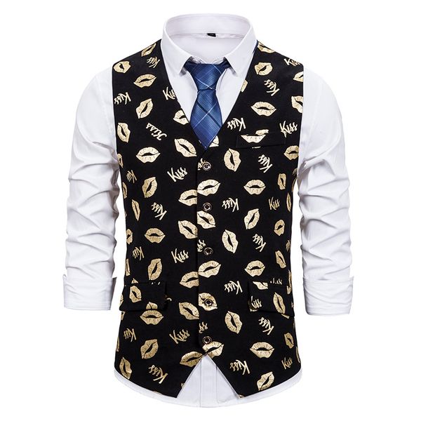 

gold lips bronzing print vest men hipster v-neck casual sleeveless waistcoat mens business stage wedding nightclub vests, Black;white