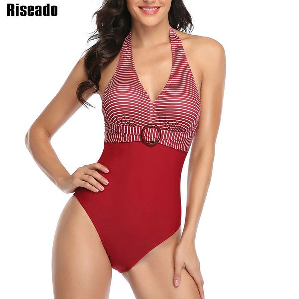 

riseado vintage swimsuits one piece полосатый печать swimwear 2020 холтер v-образным вырезом купальниках женщины belted backless купальниках, White;black