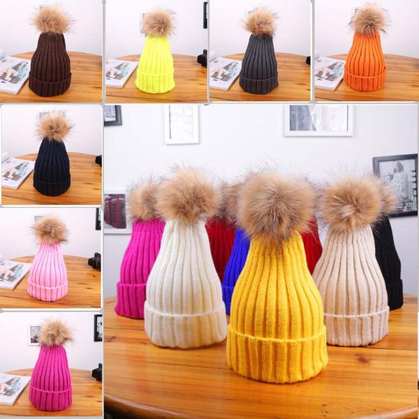 

parent kids winter warm hat cap child flexibility crochet candy color with fur ball family beanie hat, Yellow
