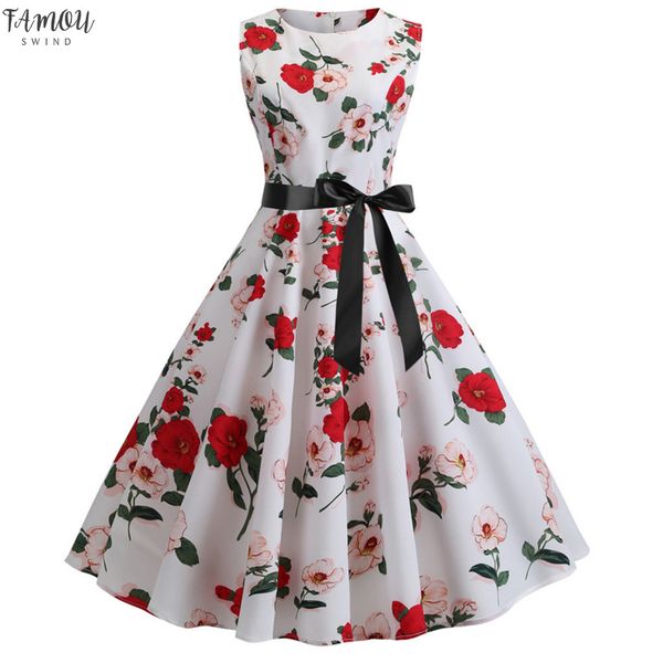 

summer dress women 2020 sleeveless floral print bohemian dress vintage 1950s o neck belt evening party swing dress, Black;gray