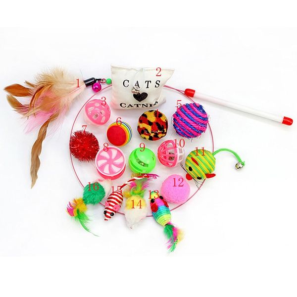 

16 pcs pet cat toy set feather teaser wand catnip toys ball rings cats interactive products scraper other cat supplies