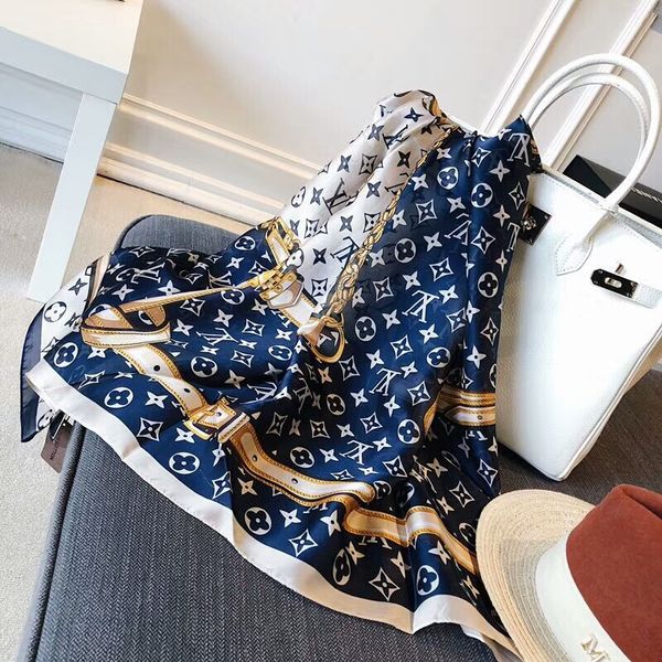 

wholesale-good qualtiy size 180x90cm fashion scarfs brand french design floral letter pattern printed women gift silk scarves a-599, Blue;gray