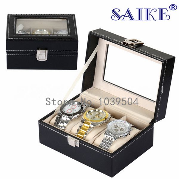 

3 grids leather watch display box quanlity pu brand watch storage box upscale solid packing gift boxes m094, Black;blue