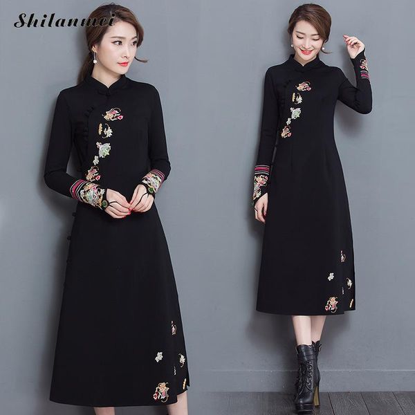 

новое поступление весна осень cheongsam марочные черное платье мода плюс размер вышивки цветы упругим китайской традиционной одежде, Red