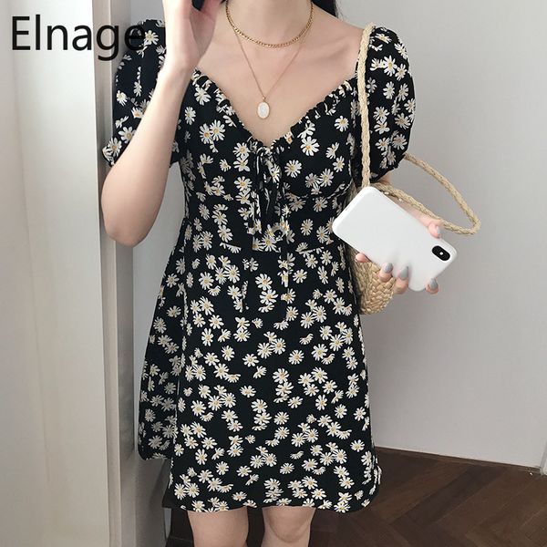

elnage small daisy printed spring 2020 new waist slimming floral a-line dress short sleeve summer vestidos robe femme 5a592, Black;gray