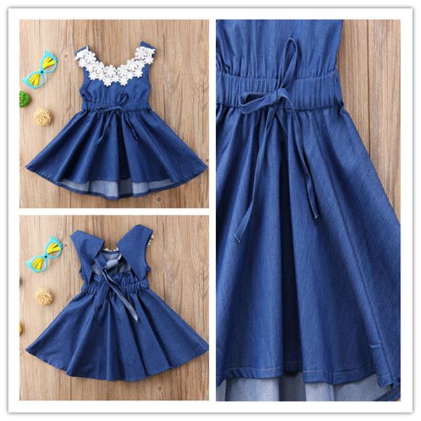 

ins fashion summer girls skirts sleeveless denim dresses lace neck designer blue backless one piece dress kids girls birthday clothing ly708, Red;yellow