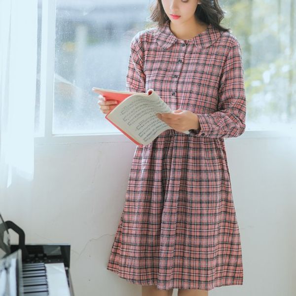 

2xl plaid peter pan collar single breasted dress mori girl 2019 spring, Black;gray
