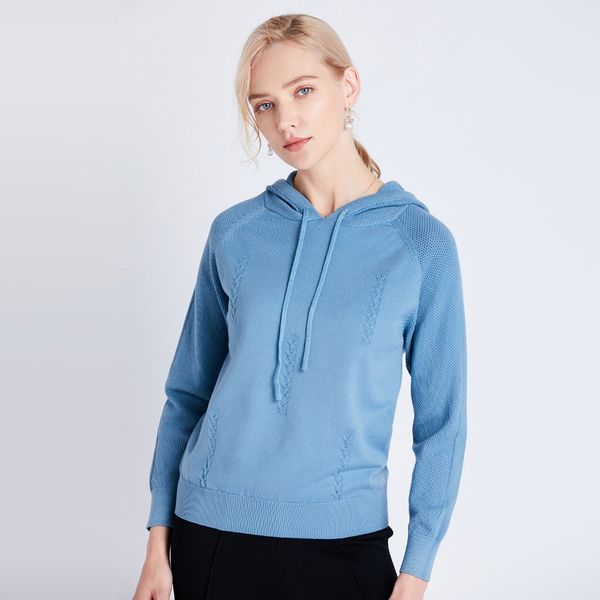 

knitted 2019 spring new long-sleeved openwork hooded women's shirt pullover wild loose jacket, Black