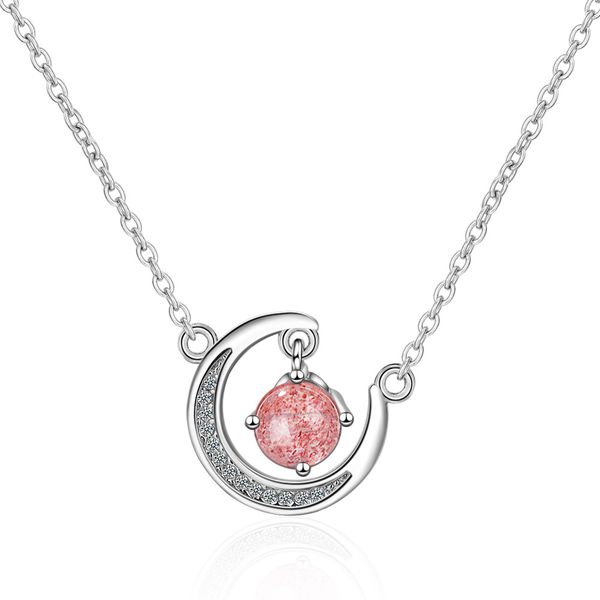 

strawberry pink crystal fresh moon short paragraph clavicle chain ins girl heart diamond pendant, Silver