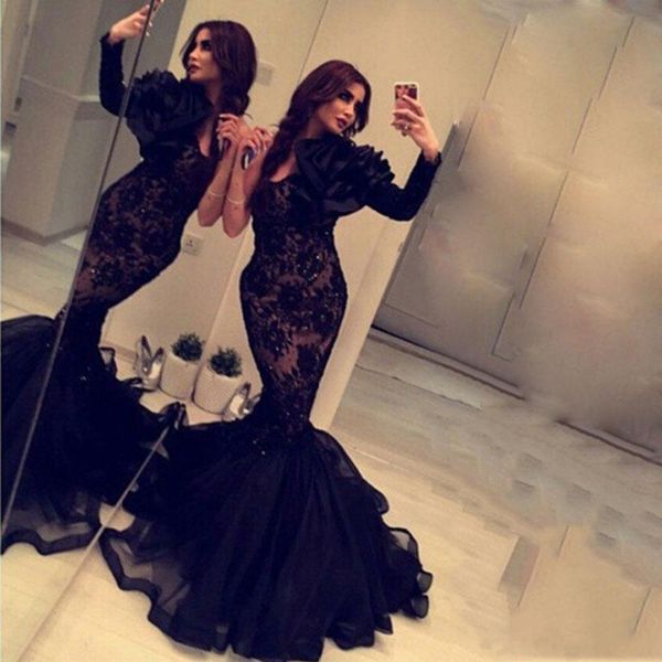 

setwell mermiad evening dresses black one shoulder lace beaded evening gowns long sleeve organza ruffle prom dress, Black;red