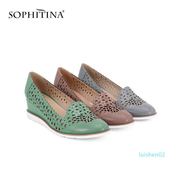 

sophitina women's new pumps high wedges genuine leather hollowing out round toe casual shoes handmade slip-on shallow pumps sc40 l02, Black
