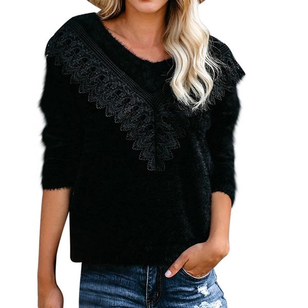 

fashion women sweater v-neck long sleeve solid black lace simple warm thicker thicker woolen sweater wholesale#g1, White;black